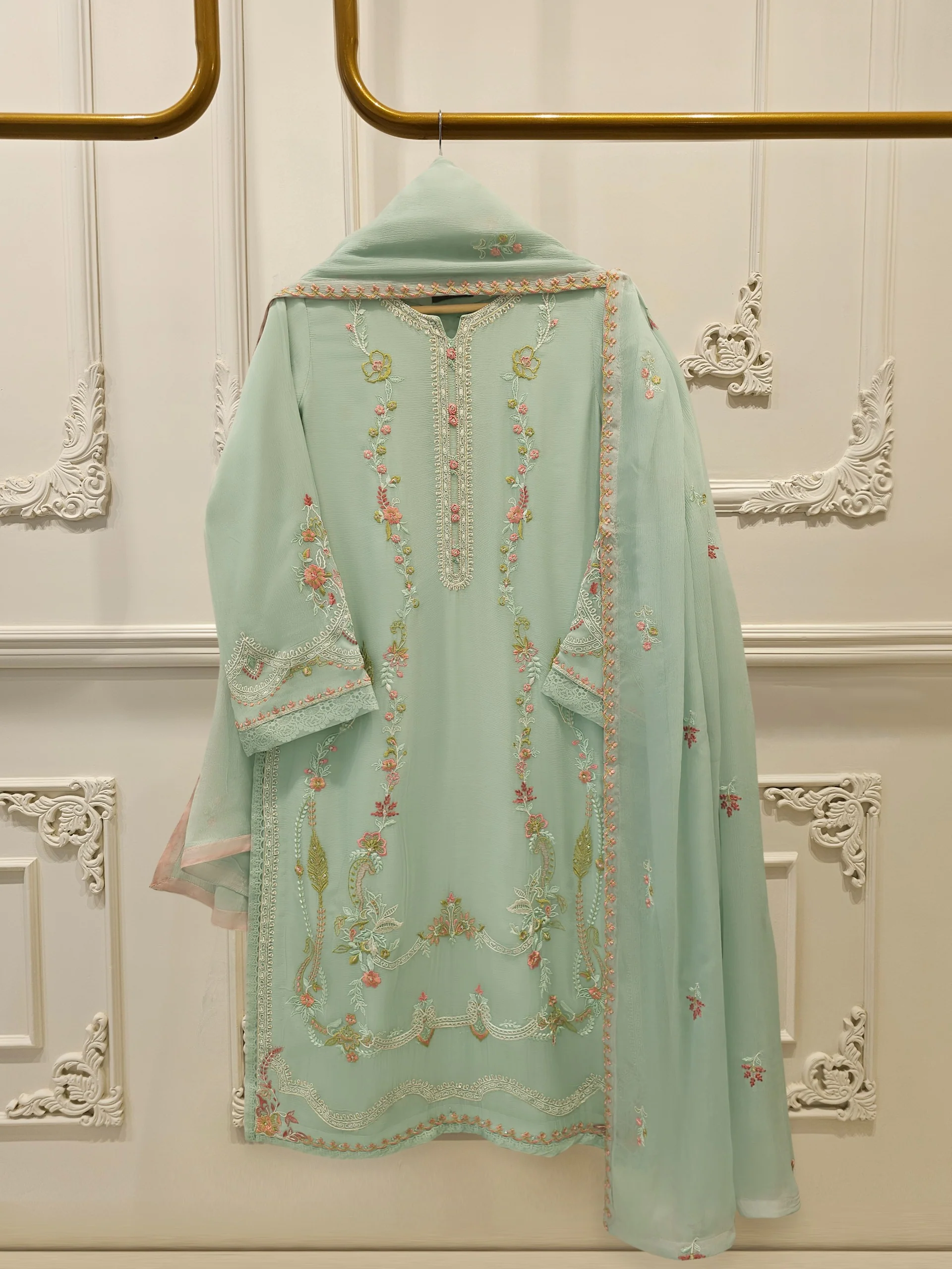 3 Piece - Pure Chiffon Embroidered Suit S113572
