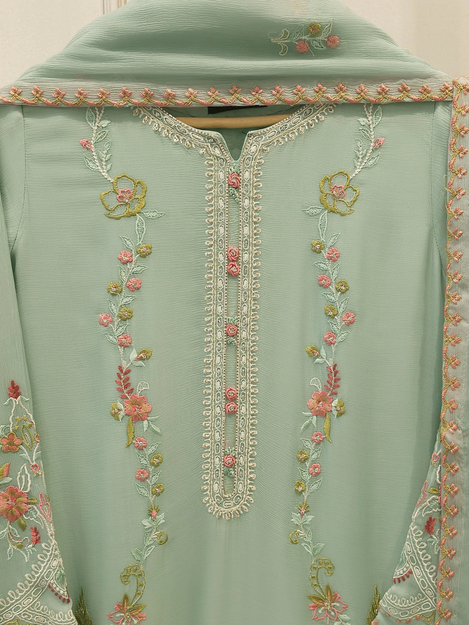 3 Piece - Pure Chiffon Embroidered Suit S113572 - Image 2