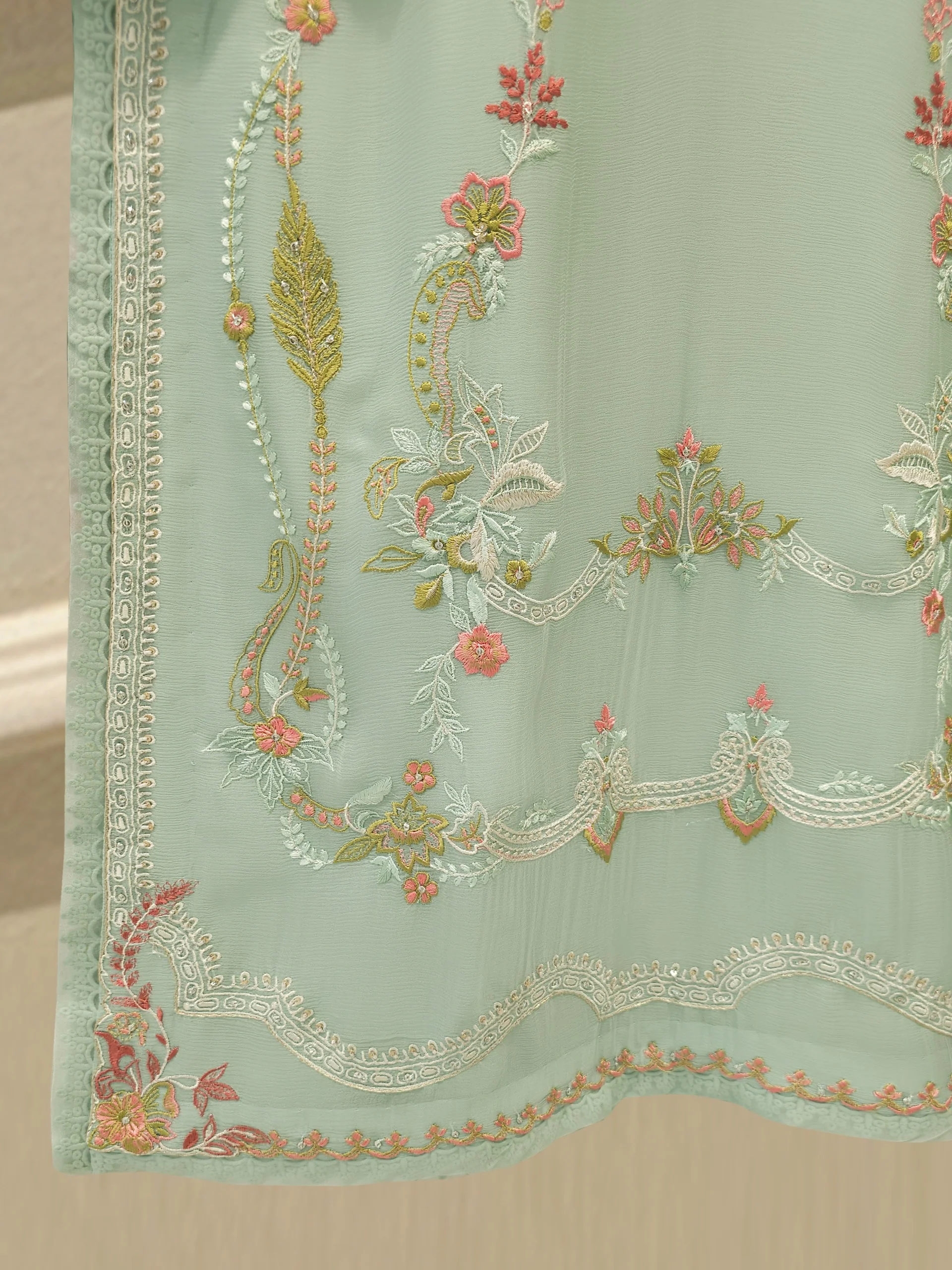 3 Piece - Pure Chiffon Embroidered Suit S113572 - Image 4