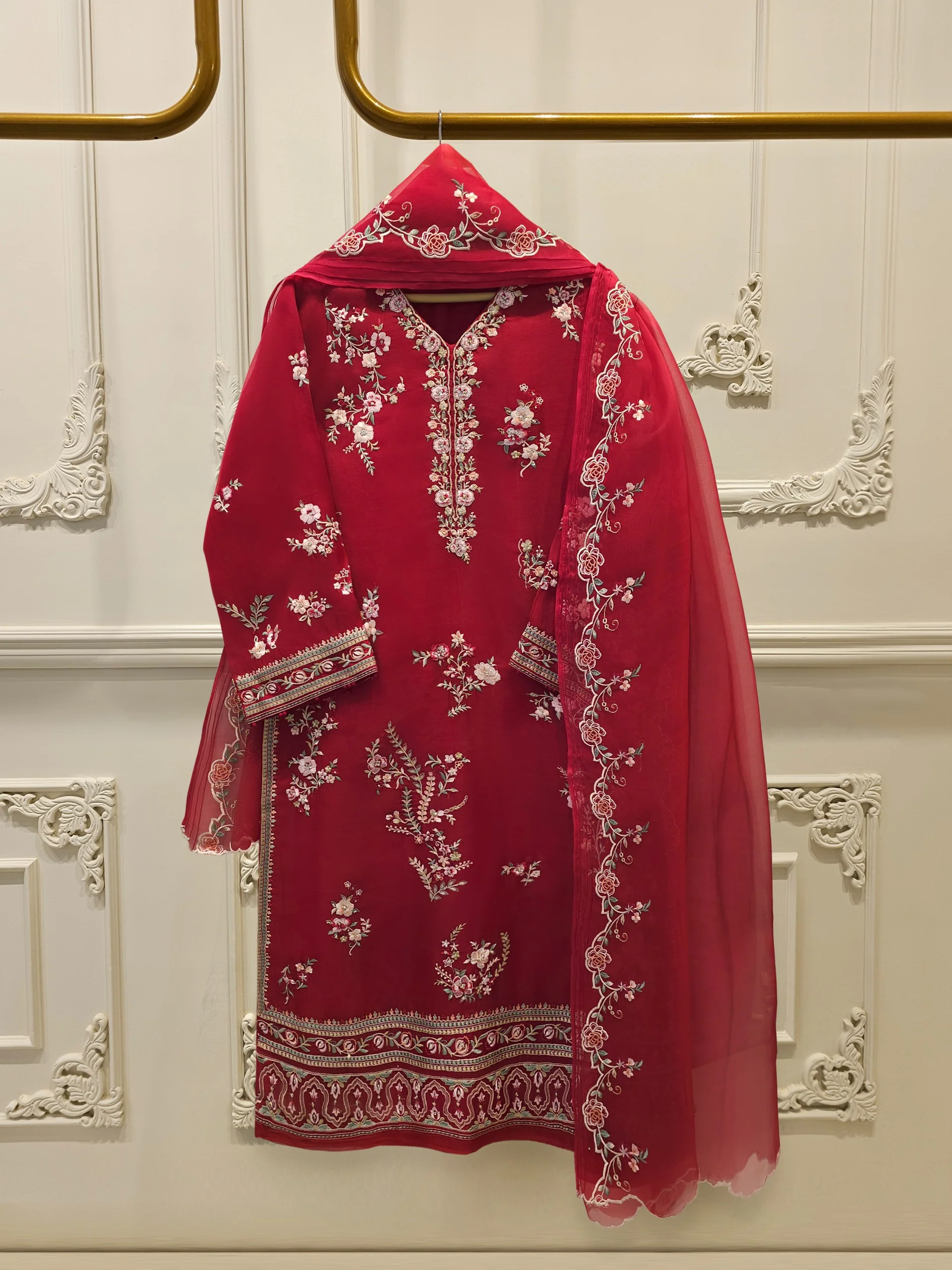 3 Piece - Pure Organza Embroidered Suit S114192