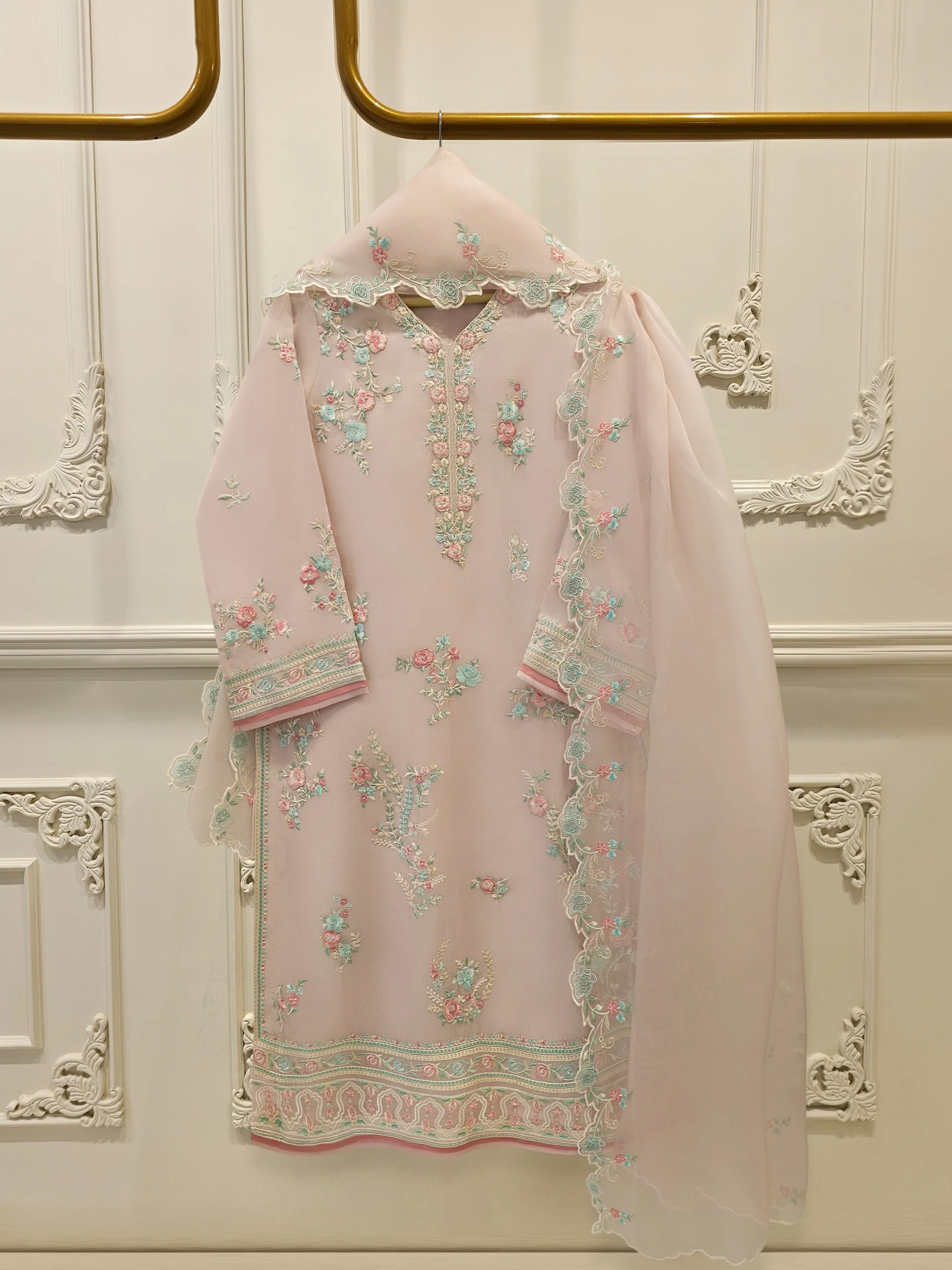 3 Piece - Pure Organza Embroidered Suit S114193