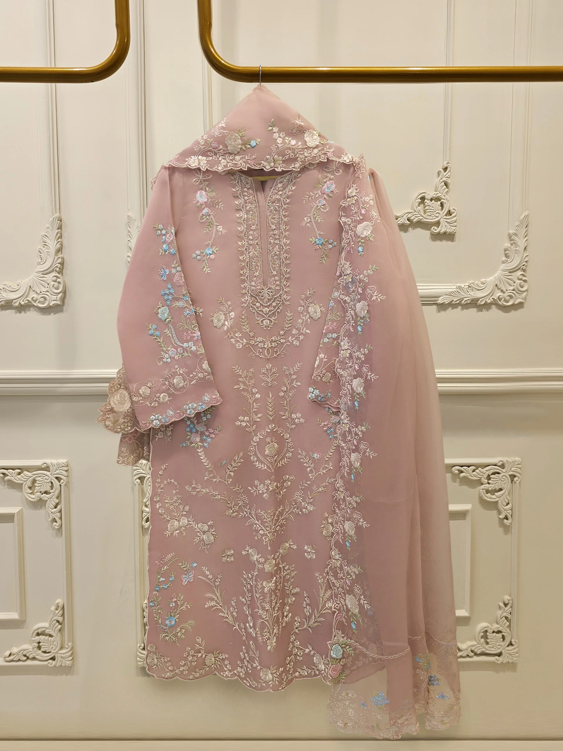 3 Piece - Pure Organza Embroidered Suit S114272