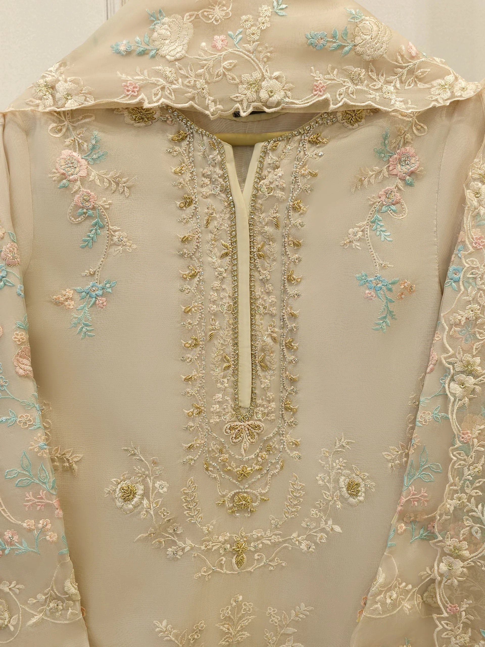 3 Piece - Pure Organza Embroidered Suit S114277 - Image 2