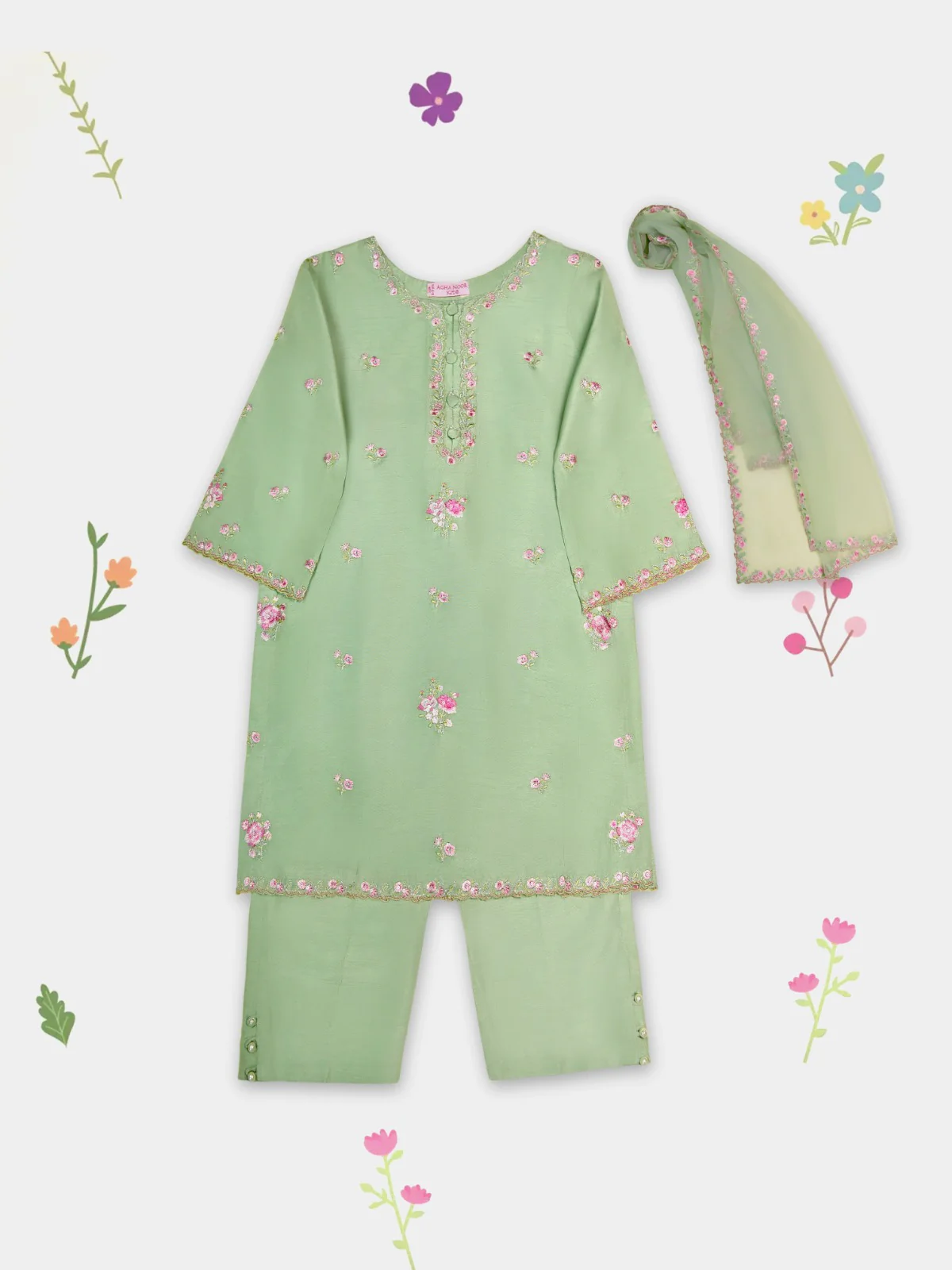 (Kids) 3 Piece - Embroidered Koren Silk Suit FKD073 - Image 2
