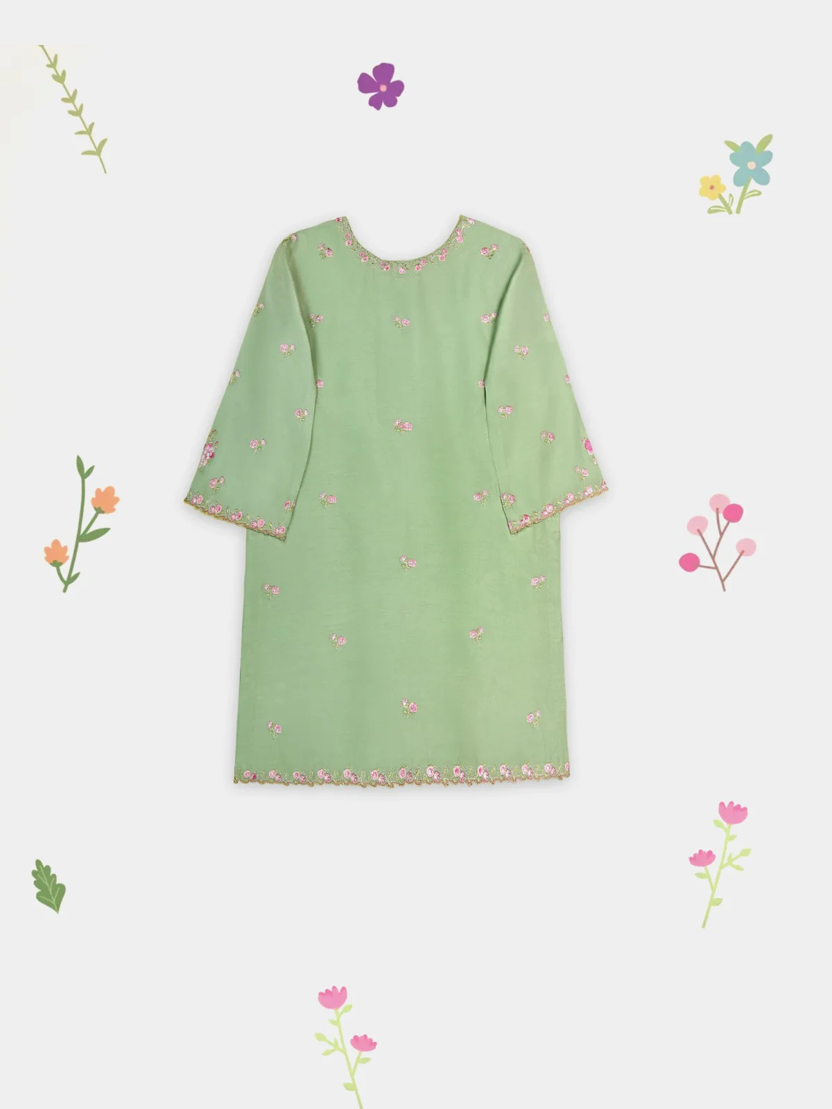(Kids) 3 Piece - Embroidered Koren Silk Suit FKD073 - Image 4